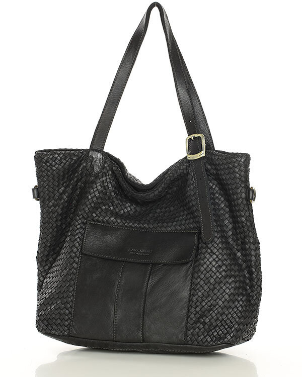 Duża torebka pleciona na ramię shopperka skórzana - MARCO MAZZINI czarna