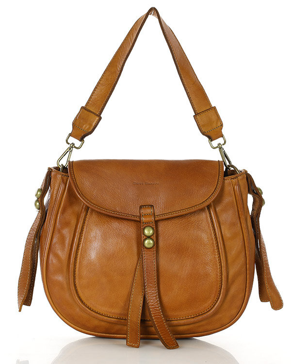 Marco Mazzini Torebka classic saddle bag ze skóry naturalnej na ramie brąz camel