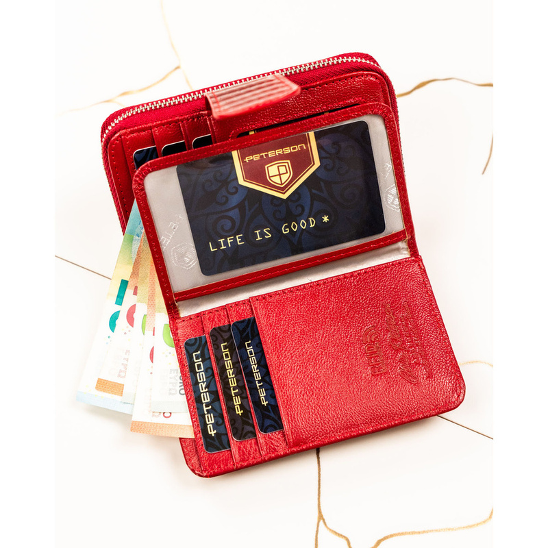 Czerwony portfel damski ze skóry naturalnej zamykany na suwak i zatrzask - Peterson