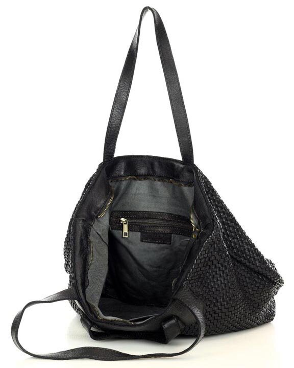 Torba damska pleciona shopper & shoulder leather bag - MARCO MAZZINI czarna