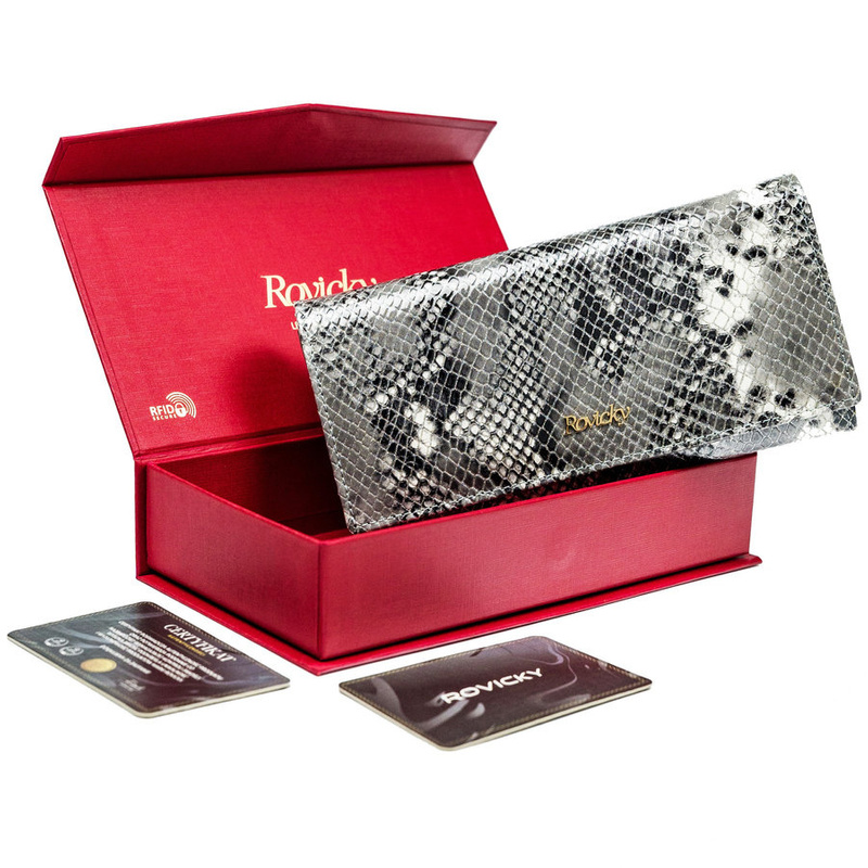 Rovicky podłużna damska portmonetka skóra naturalna portfel wzór węża RFID