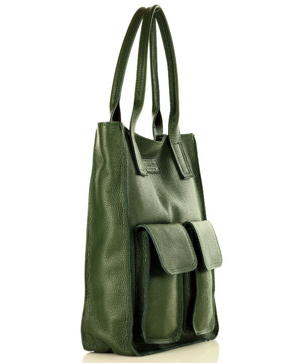 Torebka skórzany shopper bag z kieszeniami - MARCO MAZZINI Ravenna ciemny zielony