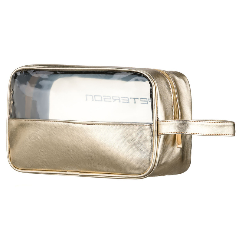 Złota kosmetyczka z tkaniny syntetycznej wyposażona w wygodny uchwyt i przezroczysty panel - Peterson