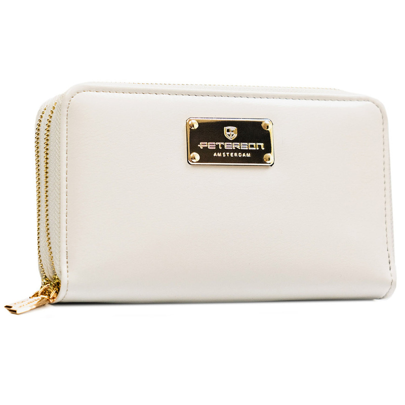 Portfel damski w typie piórnika ze skóry ekologicznej w białym kolorze, wyposażony w system RFID - Peterson