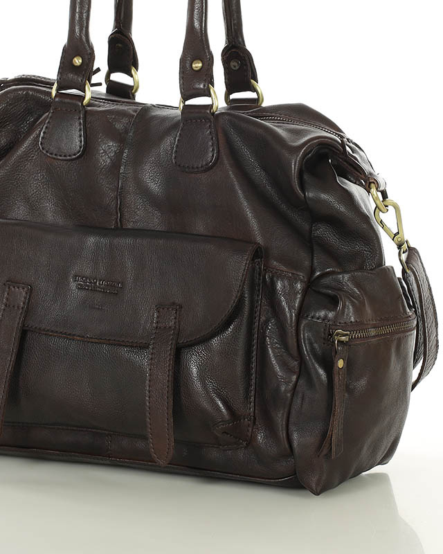 Pojemna torba damska na ramię z kieszeniami skóra naturalna - MARCO MAZZINI ciemny brąz caffe