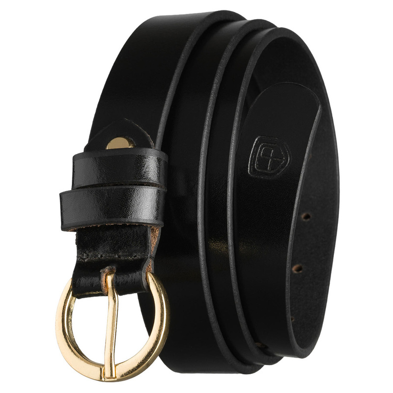 Skórzany pasek damski w czarnym kolorze ze złotą, klasyczną klamrą - Peterson
