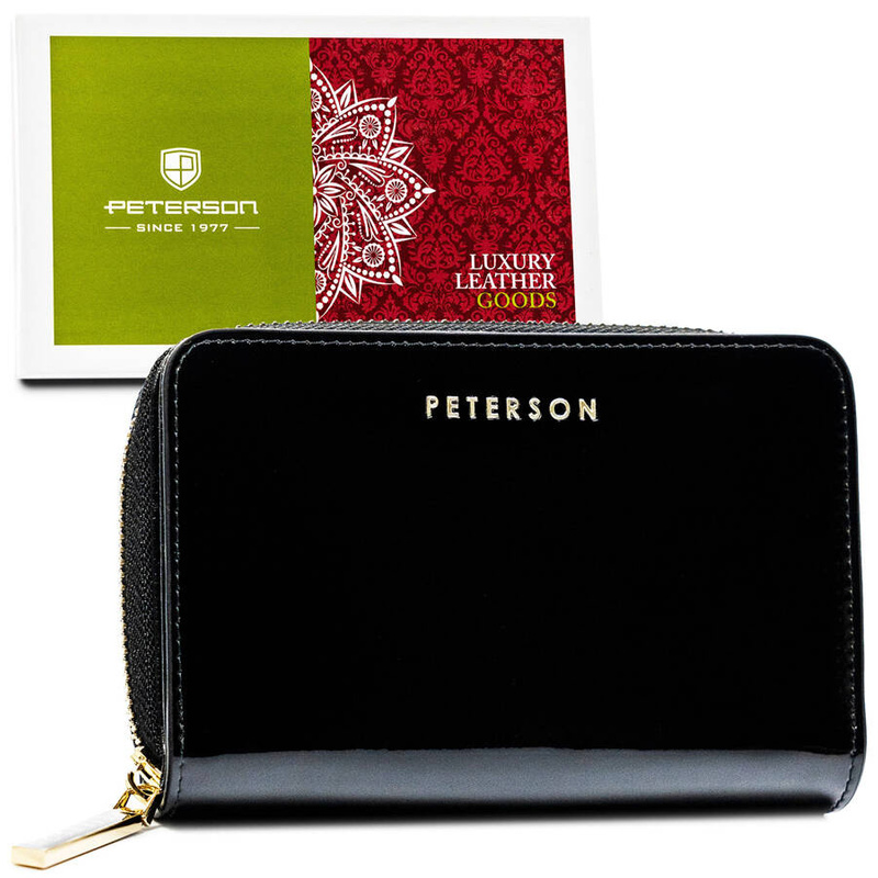 Lakierowany portfel damski czarny na suwak z RFID - Peterson