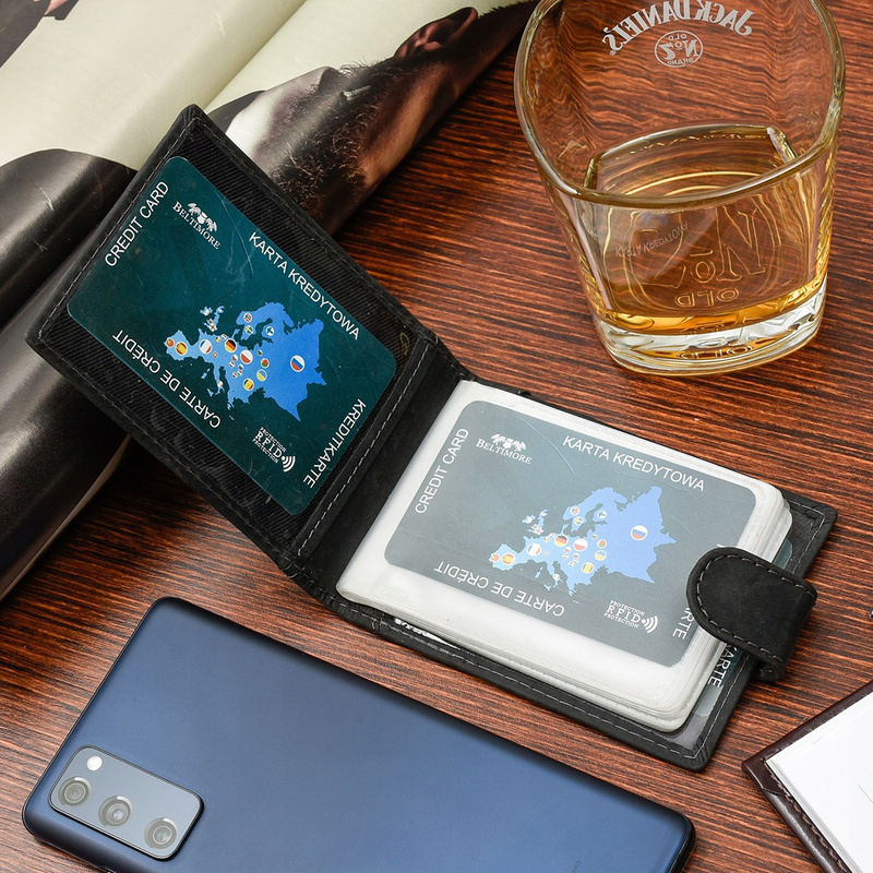 Etui skórzane na dokumenty karty wizytownik RFiD czarne C85