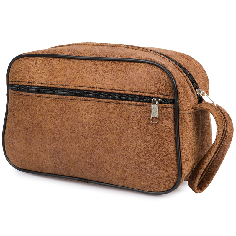 Kosmetyczna podróżna saszetka elegancka uniseks koniakowa konianubuk Beltimore R25