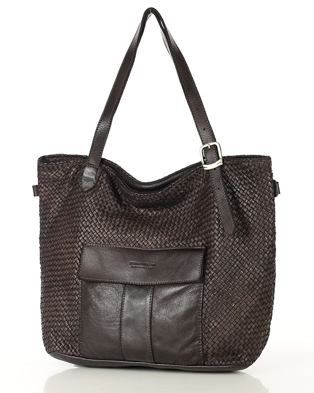 Duża torebka pleciona na ramię shopperka skórzana - MARCO MAZZINI ciemny brąz