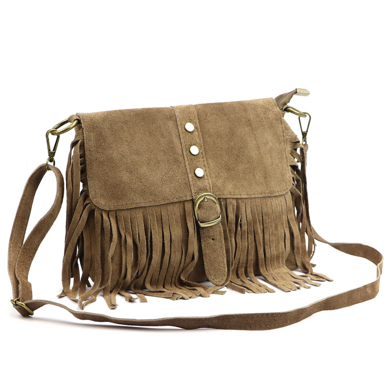 Boho damska listonoszka skórzana zamszowa z frędzlami i kieszenią Luka