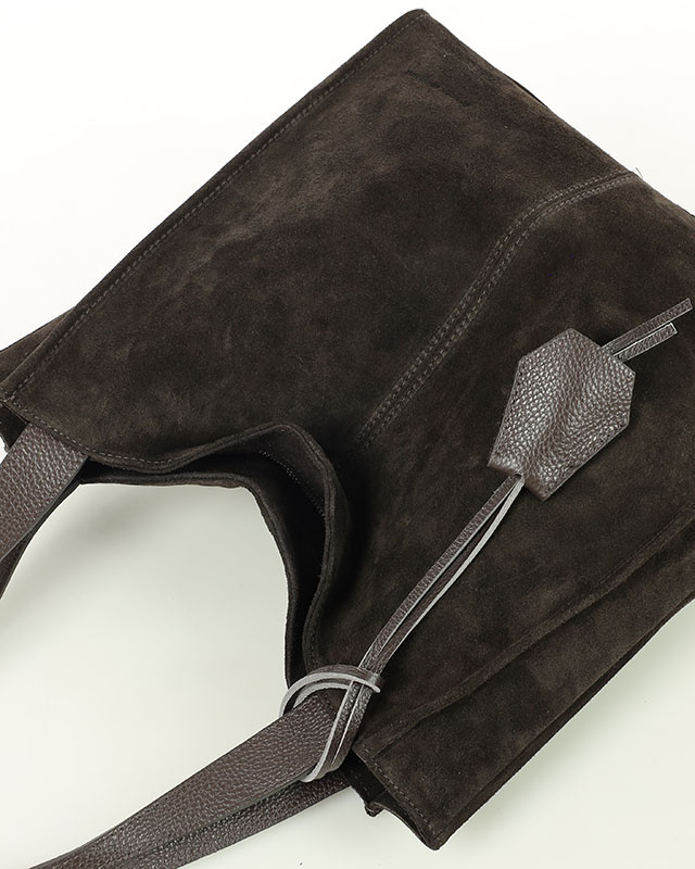 Ciemnobrązowa torba zamszowa ze skóry typu shopper - MARCO MAZZINI