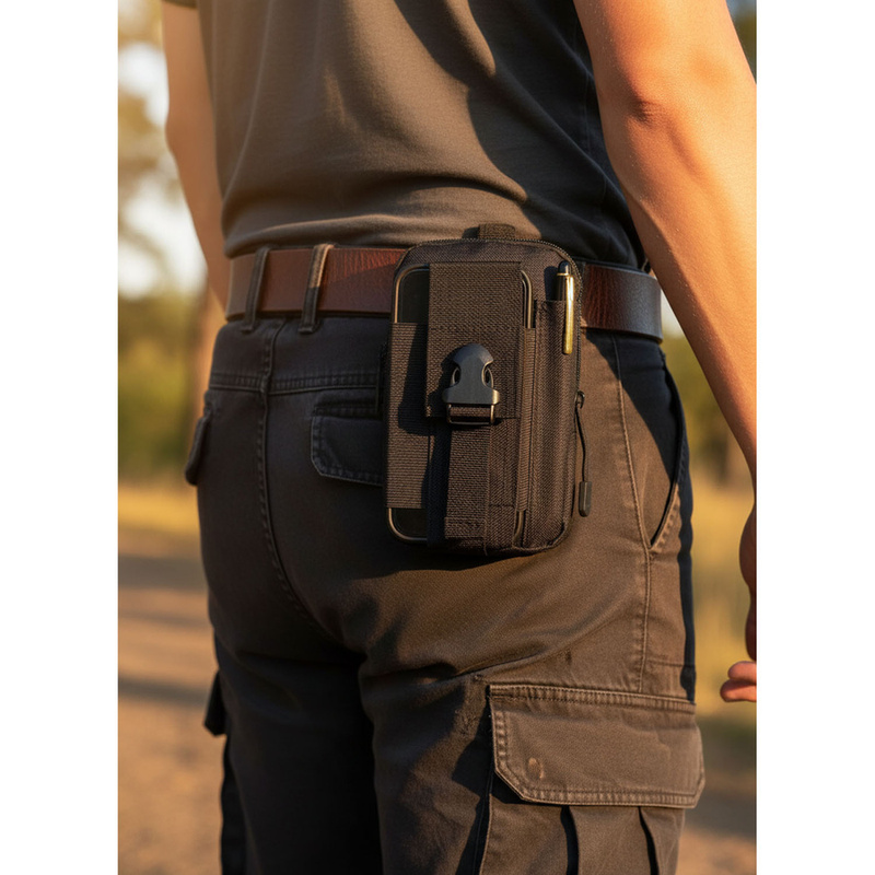 Czarna saszetka do paska wykonana z wytrzymałego poliestru - Rovicky