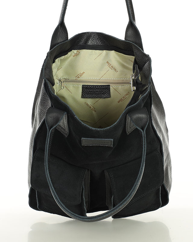 Torebka zamszowa shopper bag z kieszeniami skóra naturalna - MARCO MAZZINI czarny
