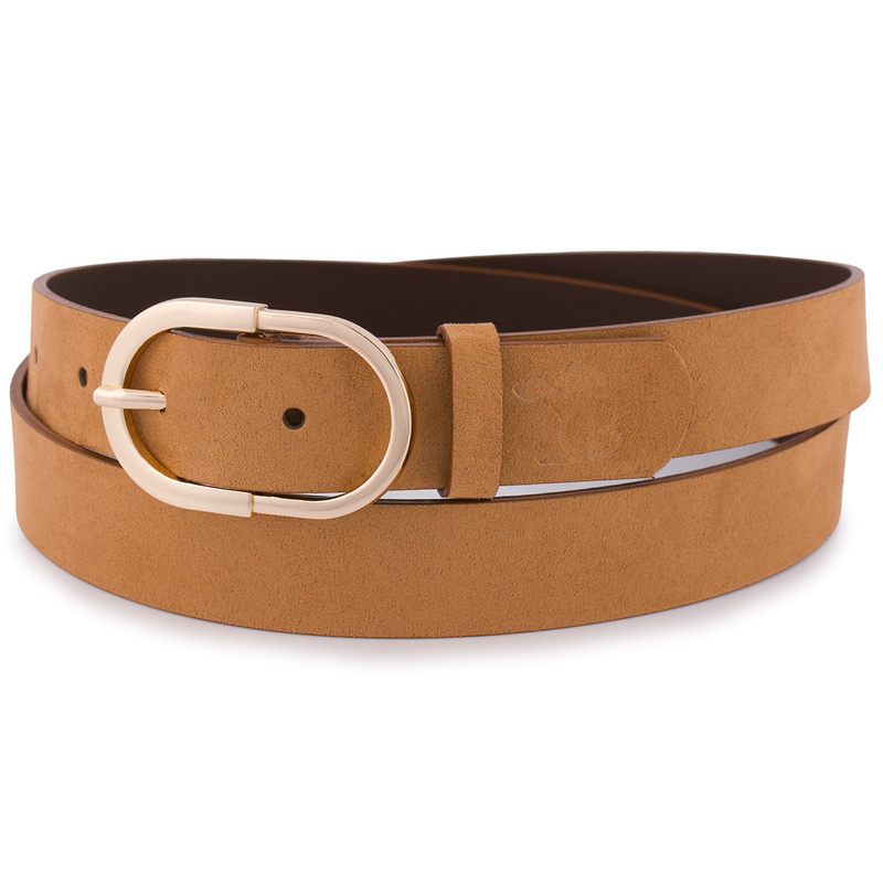 Skórzany pasek damski do spodni sukienki camelowy skóra nat. zamszowa 3 cm Beltimore E52 : Kolory - brązowy, beżowy, Rozmiar pasków - r.110-125 cm