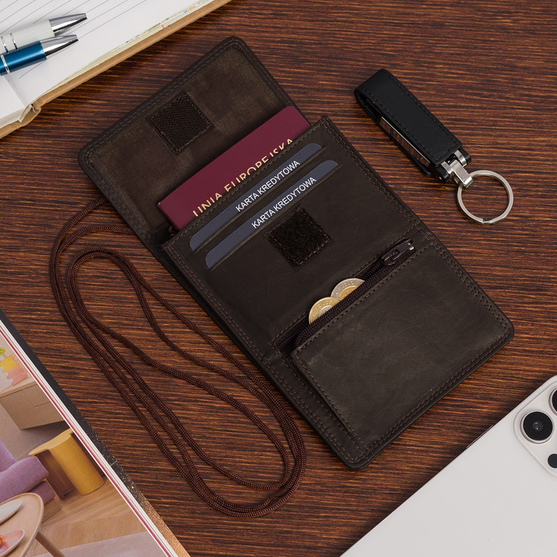 ETUI saszetka PASZPORTÓWKA na szyję dokumenty skórzana podróżna ciemny brąz Beltimore D78