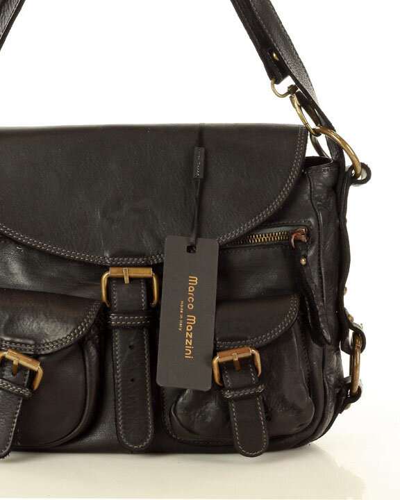 MARCO MAZZINI Skórzana torebka listonoszka z kieszeniami safari handmade bag czarna