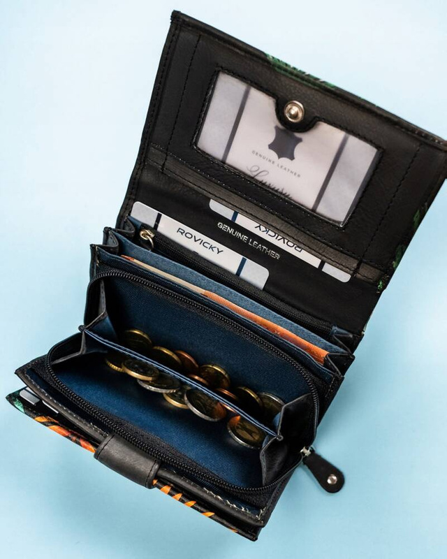 Rovicky Pojemny skórzany portfel damski na zatrzask roślinny wzór