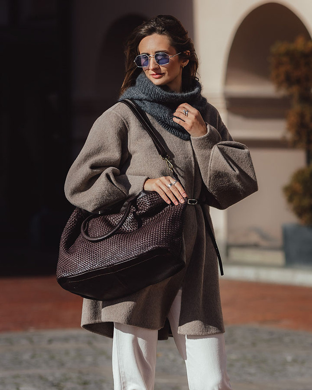 Duża torba shopper z plecionej skóry naturalnej - MARCO MAZZINI ciemnobrązowa caffe