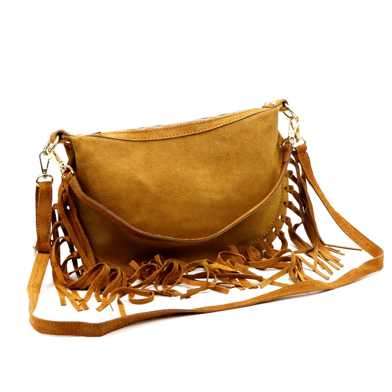 Luka Zamszowa damska listonoszka skórzana z frędzlami torebka na ramię