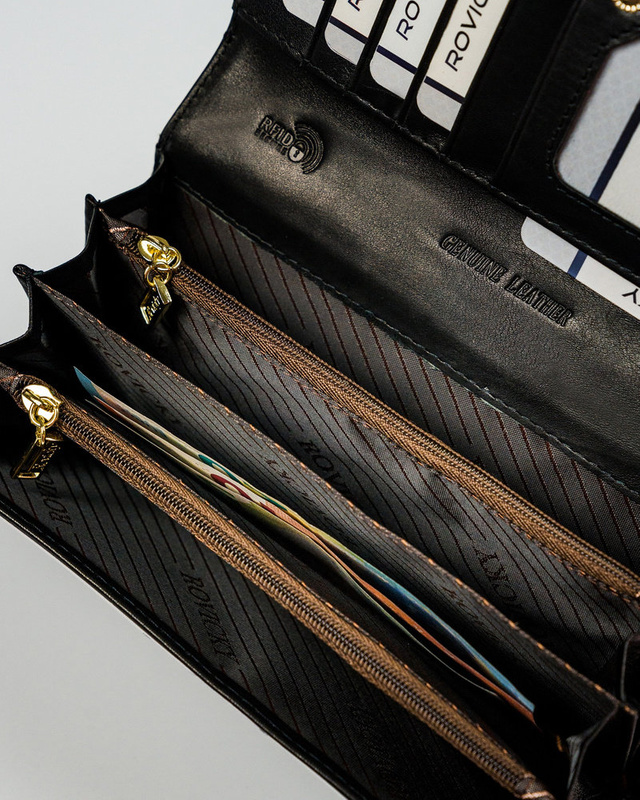 Rovicky klasyczny podłużny portfel duży skóra naturalna lakierowana RFID