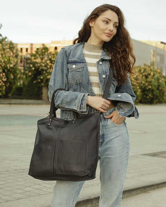 Torebka skórzana czarna duża typu shopper  - MARCO MAZZINI