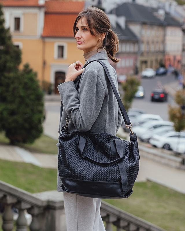 Czarna torebka pleciona shopper A4 z miękkiej włoskiej skóry Marco Mazzini