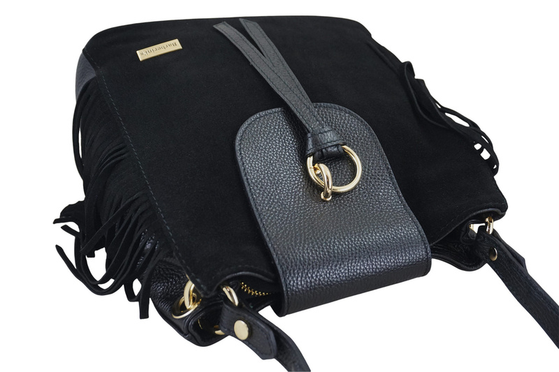 Skórzana torebka boho z frędzlami - Czarna