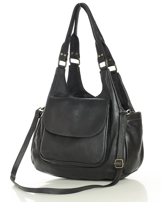 Włoska torebka skórzana z kieszenią z przodu retro bag handmade - MARCO MAZZINI czarny