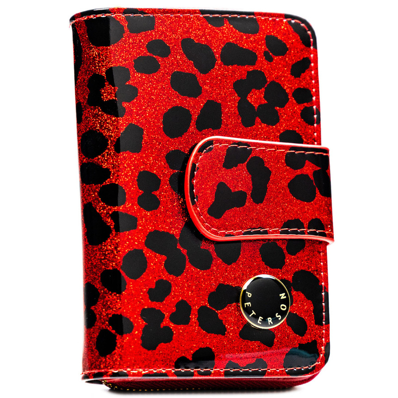 Czerwony, pionowy portfel damski ze skóry ekologicznej i naturalnej w cętki - Peterson