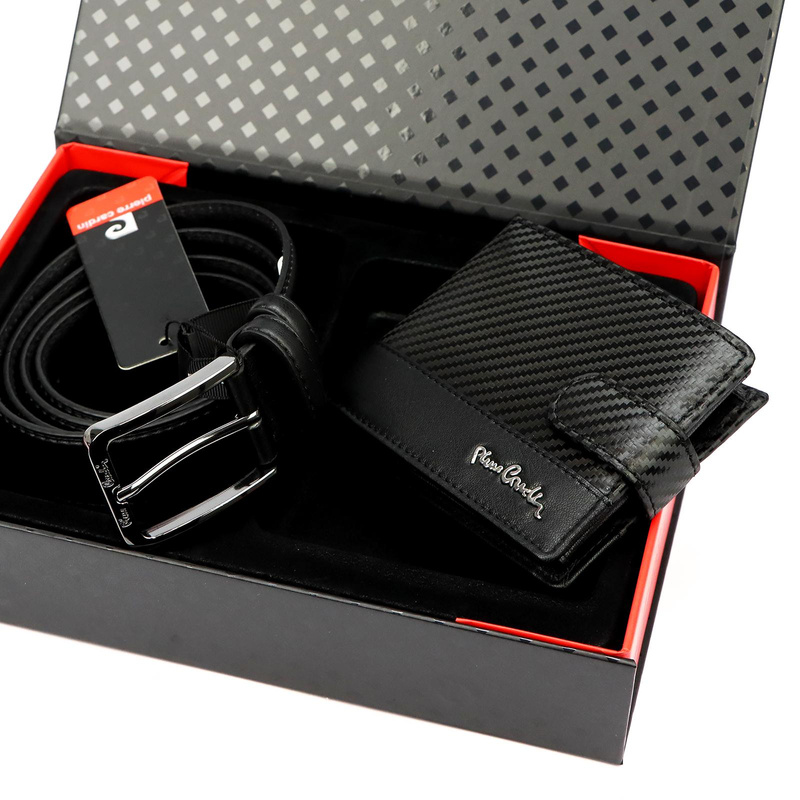 Pierre Cardin zestaw męski skóra naturalna portfel i pasek do spodni
