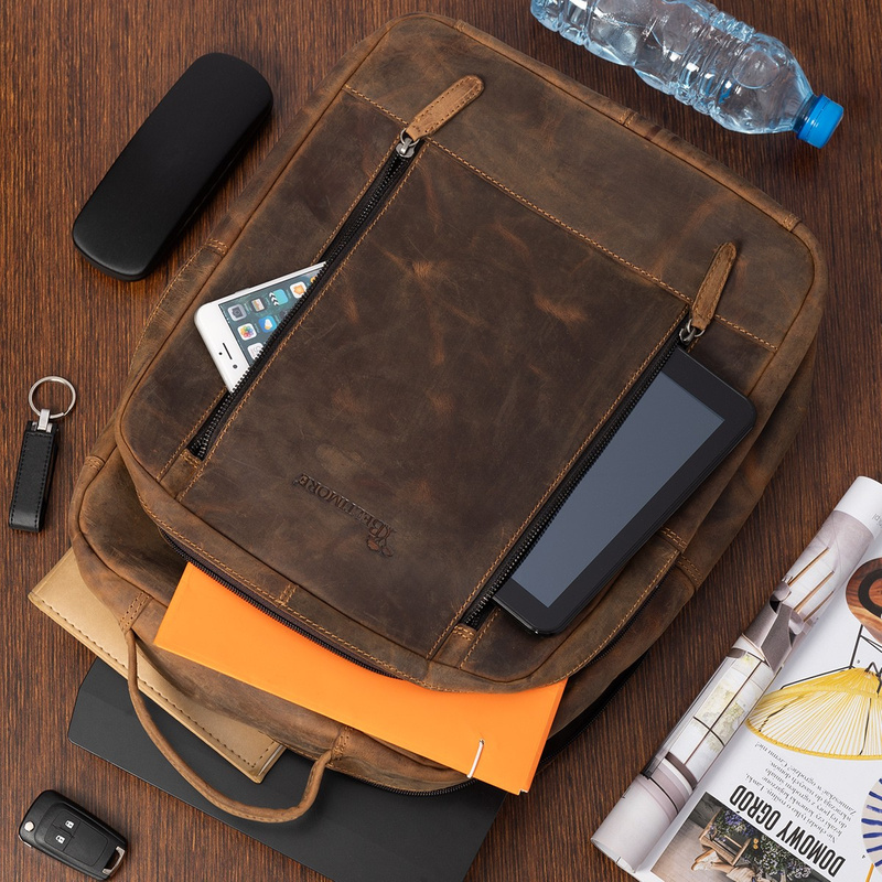 Plecak skórzany na laptopa 15,6 biznesowy duży A4 pojemny brązowy premium Beltimore N09