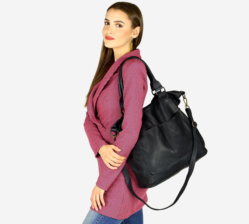 Torebka skórzana XL shopper vintage bag z kieszeniami vera pelle - MARCO MAZZINI czarny