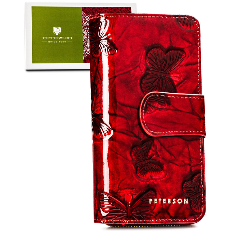 Pionowy portfel damski ze skóry naturalnej w czerwonym kolorze zamykany na zatrzask i suwak - Peterson
