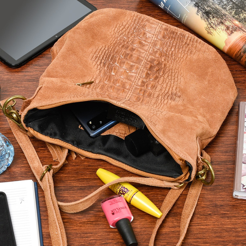 Torebka skórzana zamszowa CROCO listonoszka 2 paski camel Beltimore W13