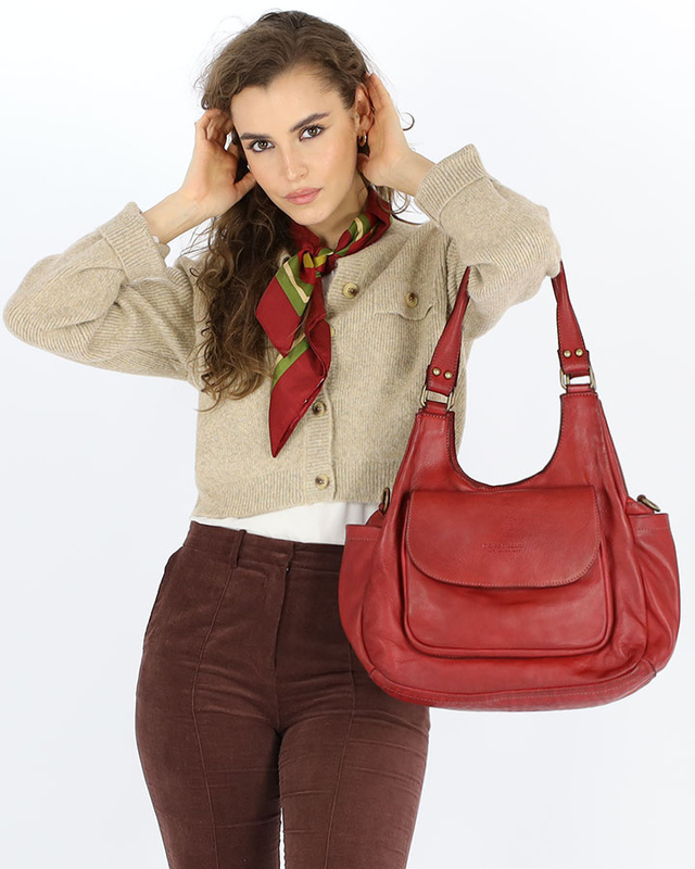 Włoska torebka skórzana z kieszenią retro bag handmade - MARCO MAZZINI bordo czerwona
