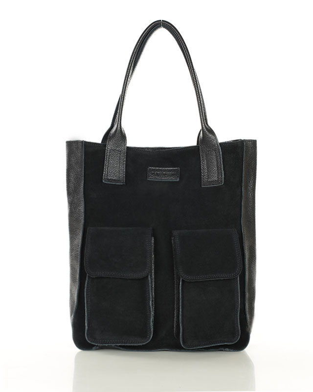 Torebka zamszowa shopper bag z kieszeniami skóra naturalna - MARCO MAZZINI czarny