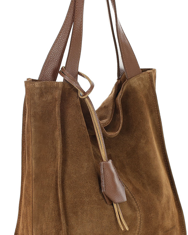 Brązowa torba zamszowa ze skóry typu shopper - MARCO MAZZINI