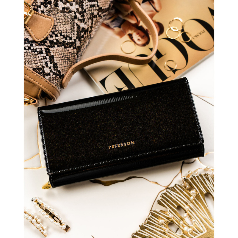 Portfel damski ze skóry naturalnej w czarnym kolorze, wyposażony w system RFID - Peterson