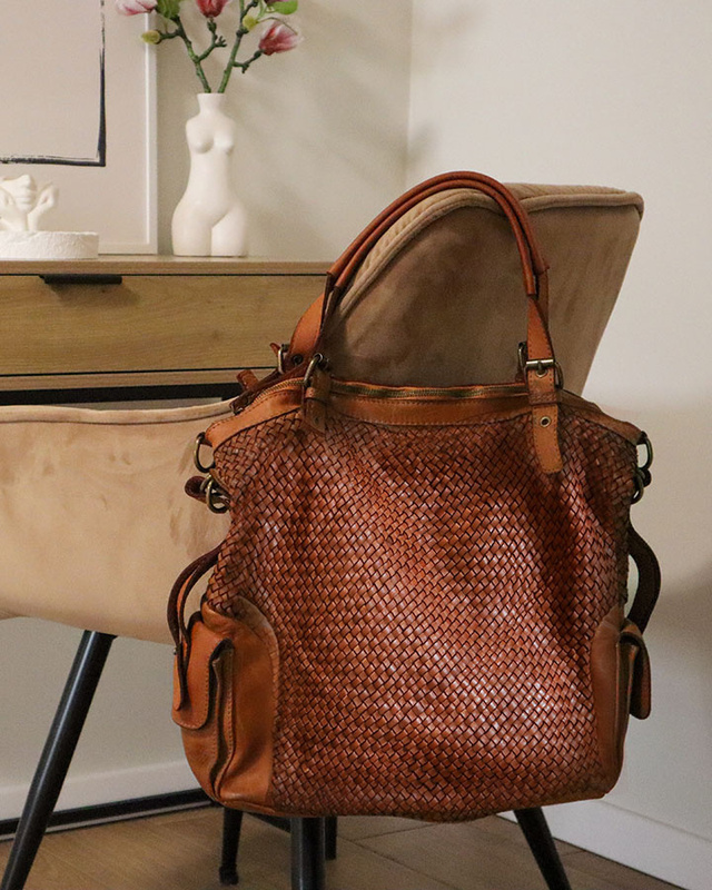 Miejska torebka z regulowanymi rączkami shopper pleciona skóra handmade - MARCO MAZZINI brąz karmel
