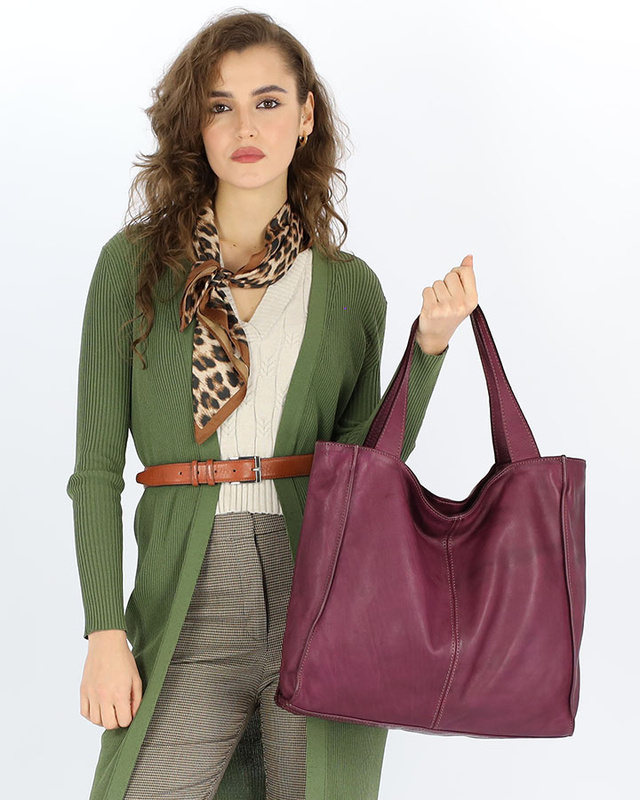 Torebka miejska shopper bag skóra naturalna handmade MARCO MAZZINI bordowa