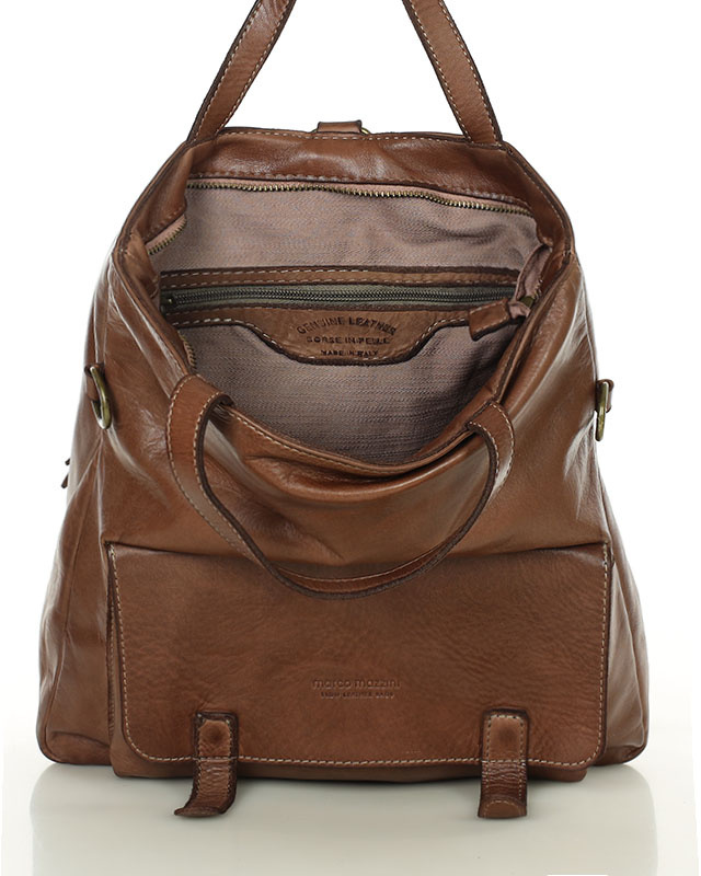 Skórzana torebka plecak z kieszenią z przodu - MARCO MAZZINI czekoladowy brąz