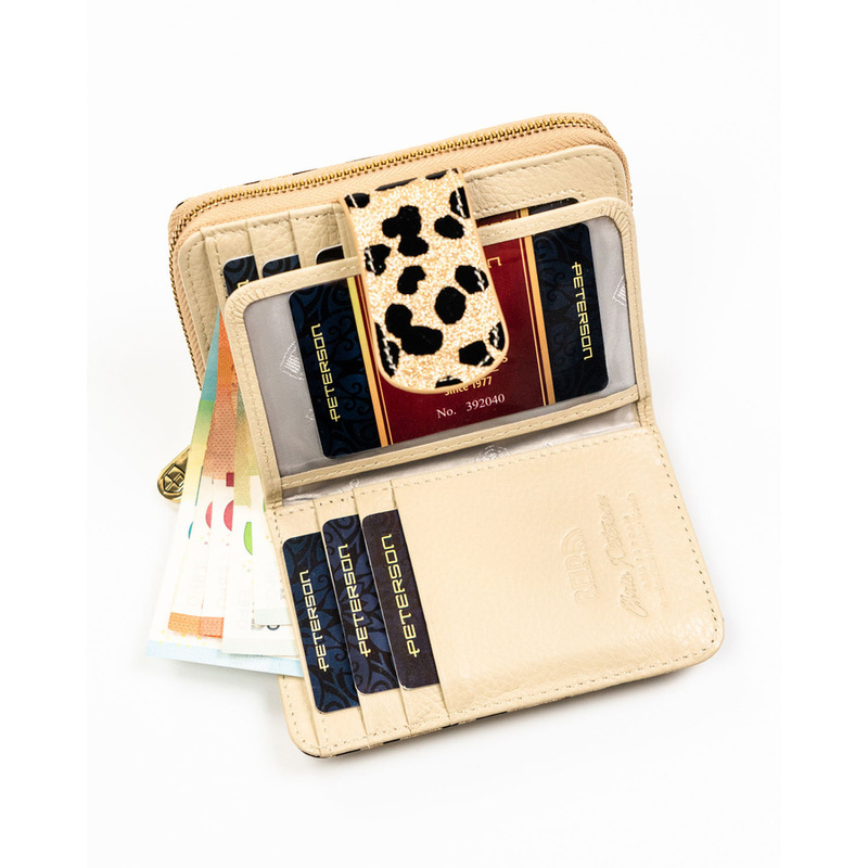 Złoty, pionowy portfel damski ze skóry ekologicznej i naturalnej w cętki - Peterson