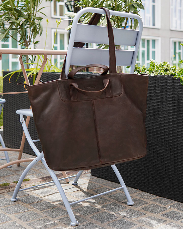 Duża torba shopper skórzana podwójne rączki - MARCO MAZZINI ciemny brąz