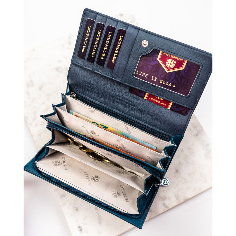 Granatowy portfel damski ze skóry naturalnej i ekologicznej zamykany na zatrzask - Peterson