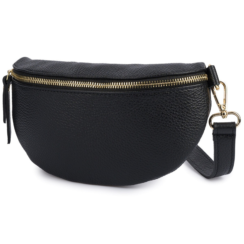 Damska Skórzana Włoska Saszetka Nerka na pasek czarna złoty suwak B68