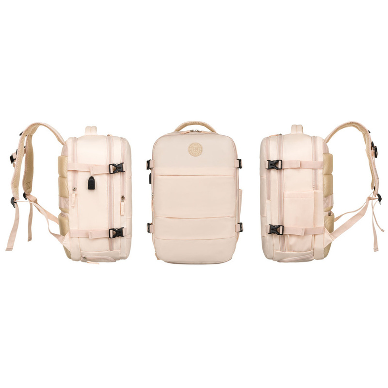 Plecak podróżny z portem USB wykonany z poliestru w beżowym kolorze - Peterson