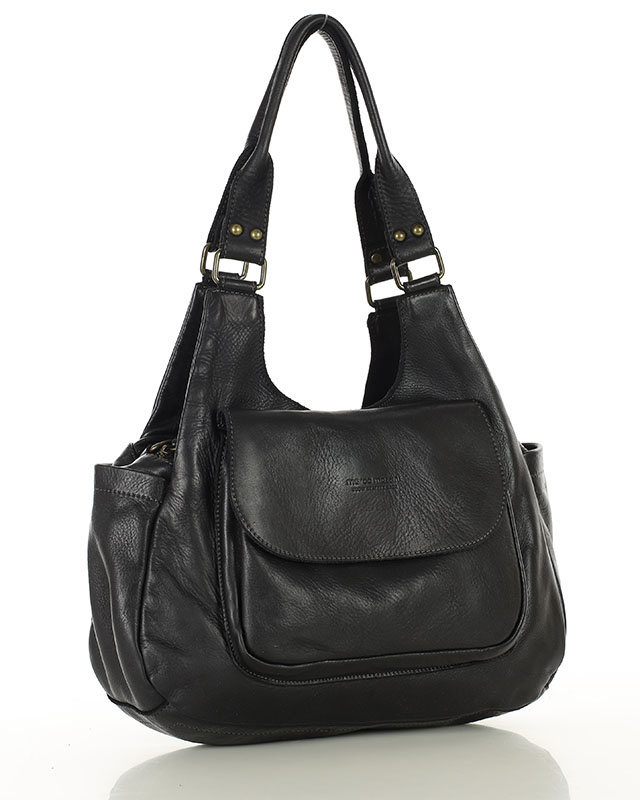 Włoska torebka skórzana z kieszenią z przodu retro bag handmade - MARCO MAZZINI czarny
