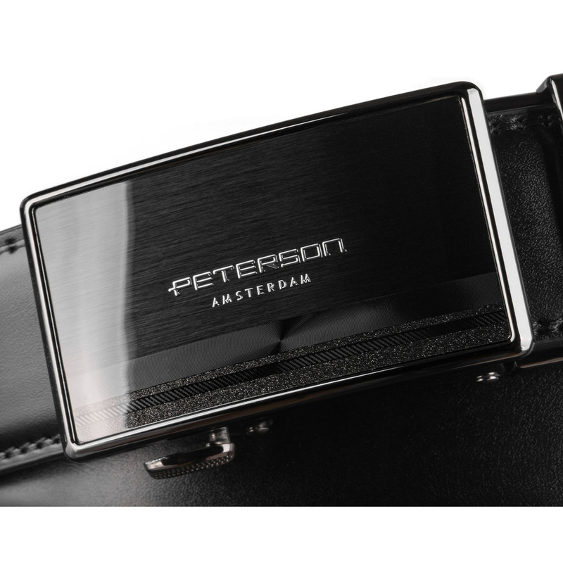 Elegancki, skórzany pasek męski w czarnym kolorze z automatyczną klamrą - Peterson