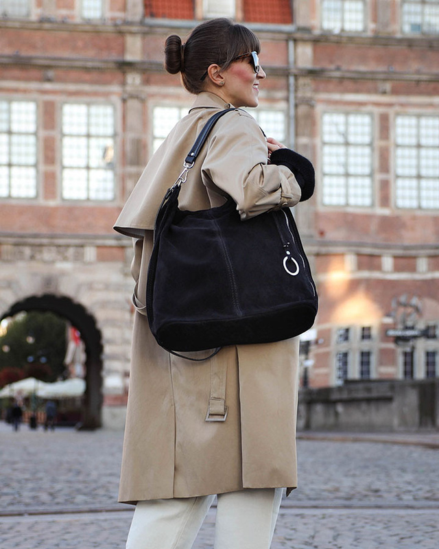 Torebka skórzana ponadczasowy design worek na ramię XL hobo leather bag - MARCO MAZZINI nubuk czarny